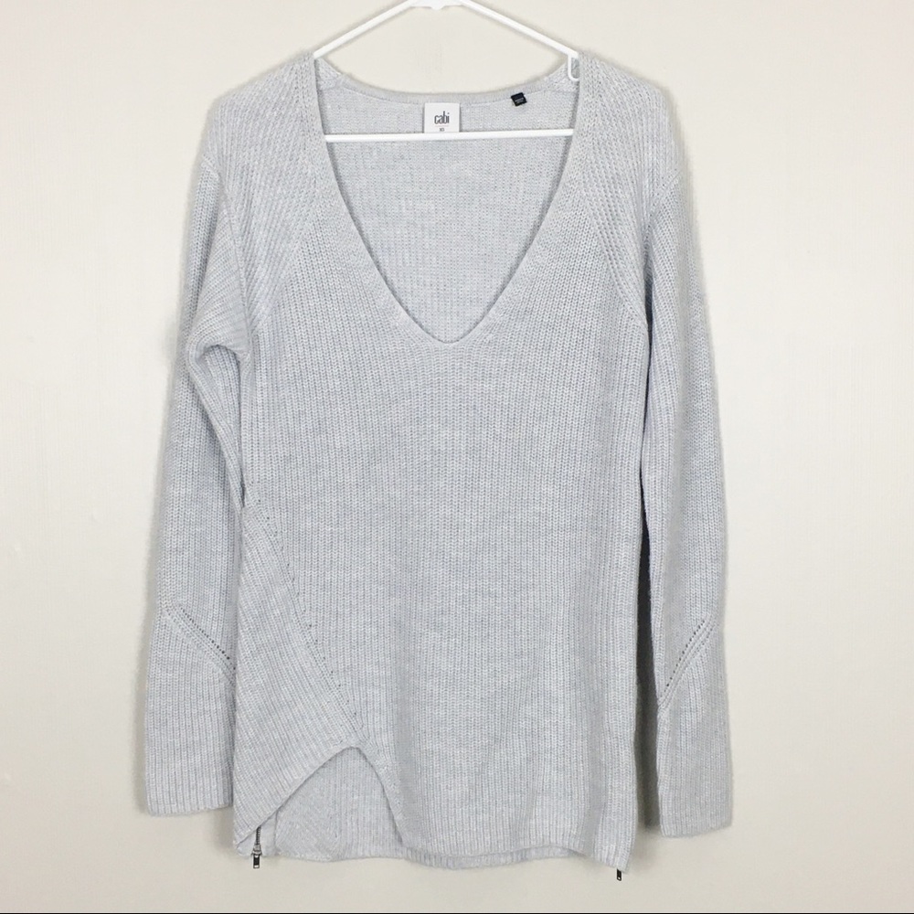 Cabi‎ 3531 Deep V Neck Ribbed Sweater Gray XS
